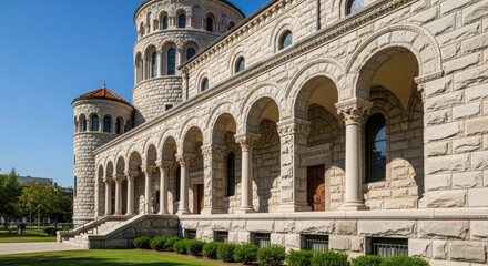 Naklejka premium A grand Romanesque stone building with a long arcade of arches and round towers stands under a clear blue sky, showcasing impressive classical architecture.