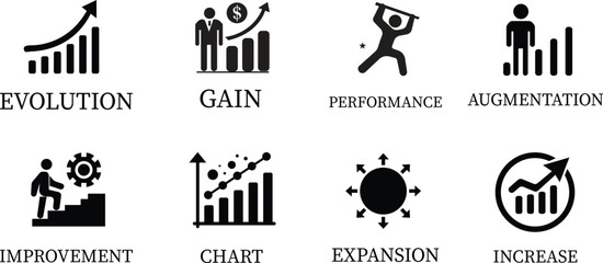 Growth icon set.Containing performance, gain, improvement, grow, chart, increase, evolution and development icon.Increase and Decrease Line Icon.Vector illustration.