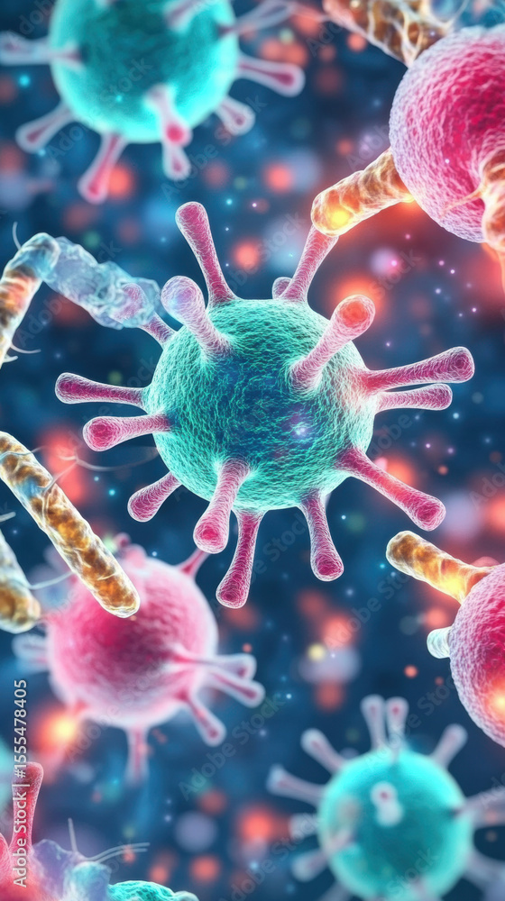 Poster bacteria, stylized macro shot of glowing bacteria with vibrant text elements in a visually striking 