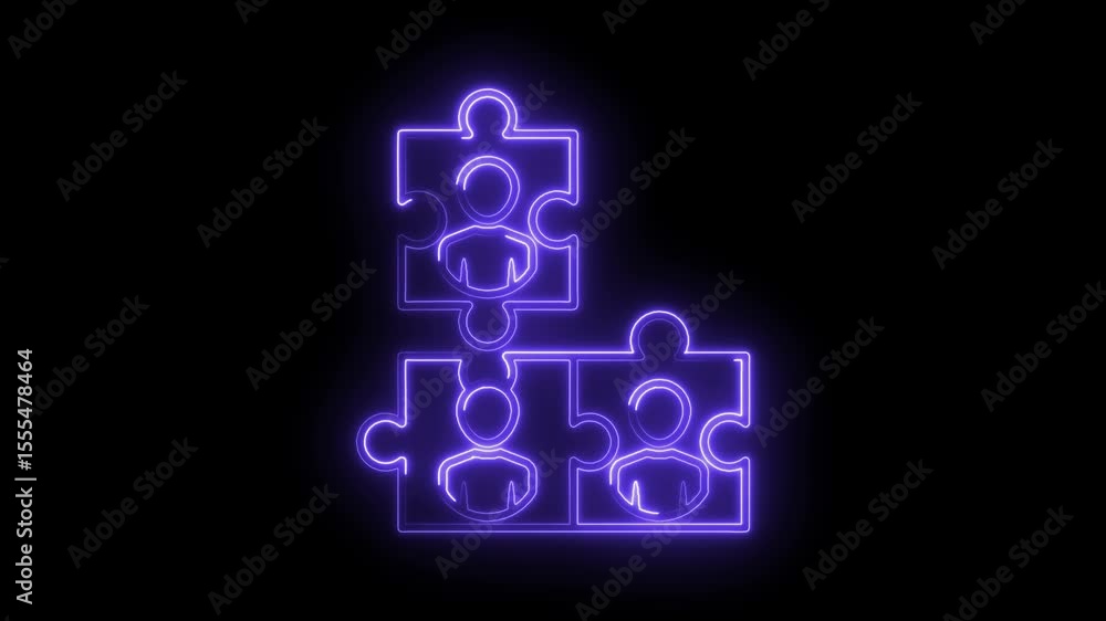 Poster neon jigsaw puzzle teamwork concept animation showing connection of three people on black background