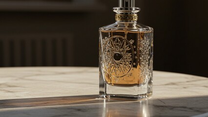 Close-up of a luxury glass perfume bottle on a marble table