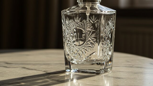 Close-up of a luxury glass perfume bottle on a marble table