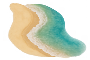 Aerial view of a tropical beach with transparent background and turquoise ocean water gently lapping the shore