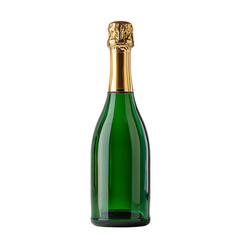 A green glass champagne bottle with a gold foil top isolated on transparent background