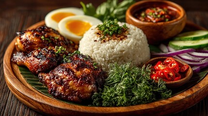 Close-up of Flavorful Nasi Lemak Dish with Chicken, Eggs, and Condiments
