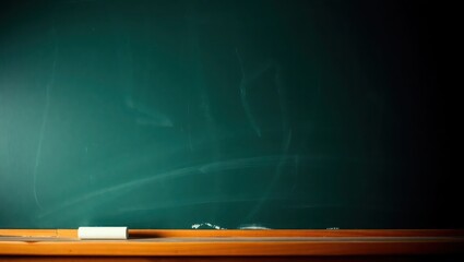 A dark teal chalkboard with faint white marks and a small eraser resting on its wooden base.