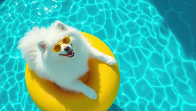 A fluffy white dog wearing sunglasses floats on a yellow pool float in a turquoise swimming pool.