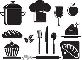 Black and White Kitchen and Cooking Utensils Icons Set