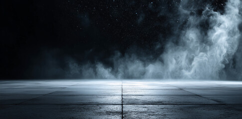 Enigmatic mist. Ethereal smoke swirling in a symphony of shadow and light. Fluid fantasy shapes. Abstract fog and luminous dance over floor on black backdrop — generative AI