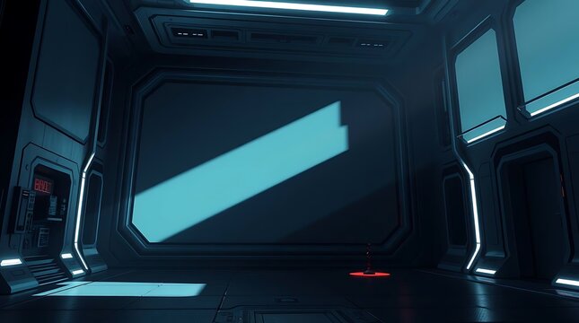 Interior of futuristic spaceship corridor with abstract teal light beam