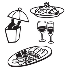 Hand drawn ink line food and wine or champagne drawings. 
Sketch style lunch or dinner Illustrations for wedding invitations, cafe or restaurant menus and parties.

