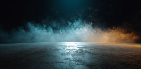 Enigmatic mist. Ethereal smoke swirling in a symphony of shadow and light. Fluid fantasy shapes. Abstract fog and luminous dance over floor on black backdrop — generative AI