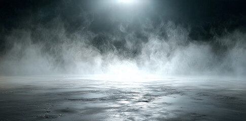 Enigmatic mist. Ethereal smoke swirling in a symphony of shadow and light. Fluid fantasy shapes. Abstract fog and luminous dance over floor on black backdrop — generative AI