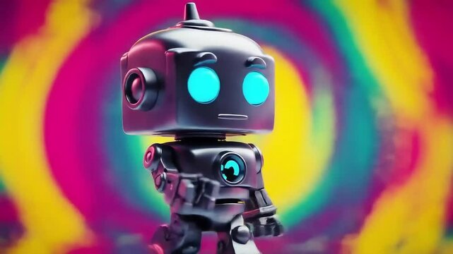cute robot is walking on colorful background footage