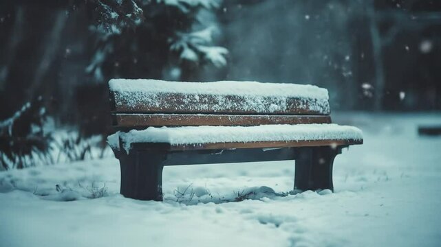 Snowy park bench untouched winter wonderland scene