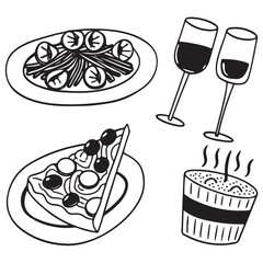 Hand drawn ink line food and wine or champagne drawings. 
Sketch style lunch or dinner Illustrations for wedding invitations, cafe or restaurant menus and parties.
