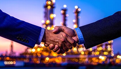 Strategic Partnership Handshake Against Oil Refinery Background