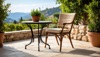 A cozy outdoor seating area featuring a stylish chair and table surrounded by lush greenery and a scenic view