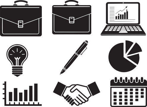 Essential Business Set: A curated graphic assembly featuring essential business elements in a stark, high-contrast presentation, highlighting key symbols for commerce and commerce-related tasks. 