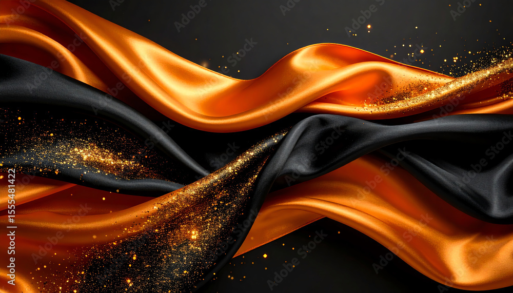Poster flowing satin fabric in vibrant orange and black, adorned with sparkling details, creating a luxurio