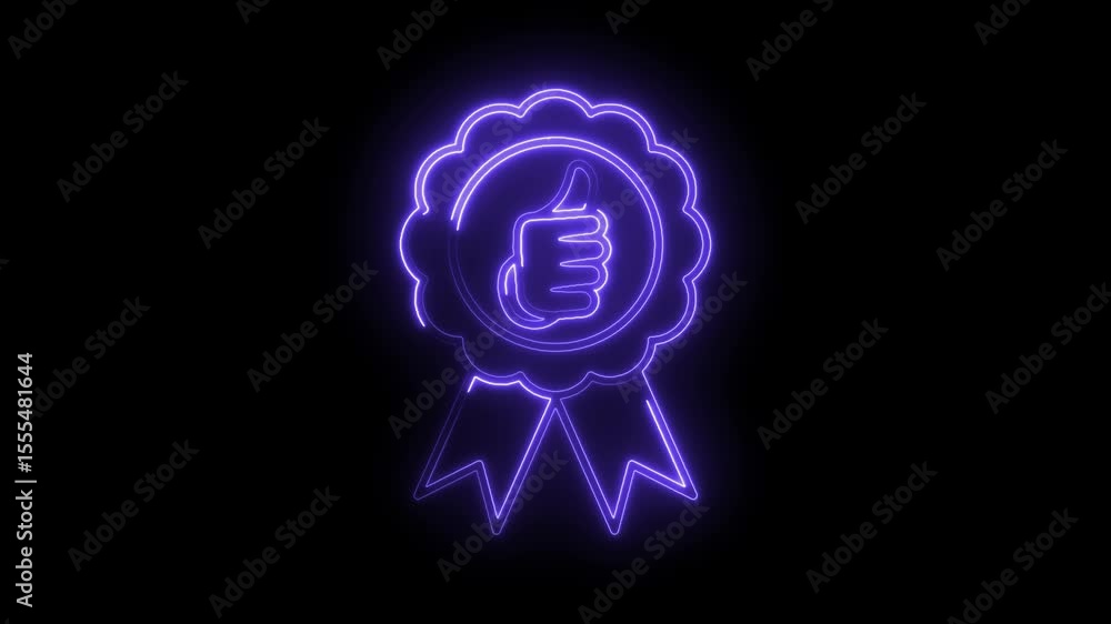 Poster glowing neon thumbs up badge animation loop on dark background stock footage