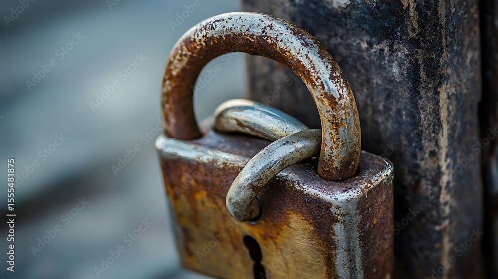 Poster a red lock is sitting on a wooden surface. the lock is open and the key is missing. concept of vulne