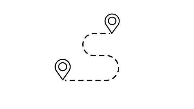 Animated destination, path, and route icon showing map, location pin, and dotted travel line for navigation, journey, and direction.