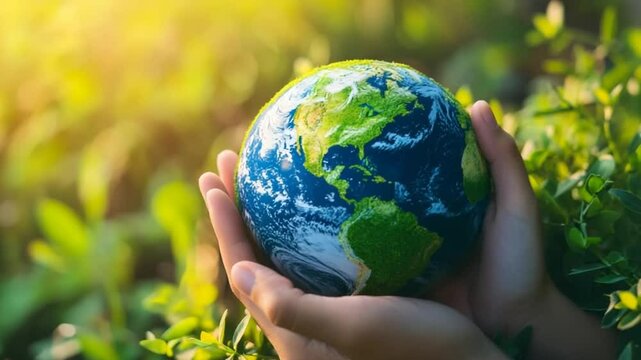 Hands cradling a vibrant Earth globe amidst lush greenery, symbolizing environmental care