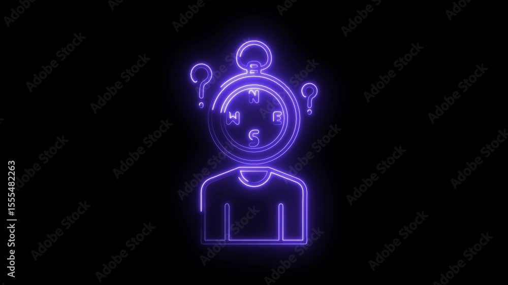 Poster Neon compass head man with question marks symbolizes guidance and finding answers concept