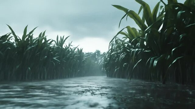 Rainy cornfield path ominous agriculture