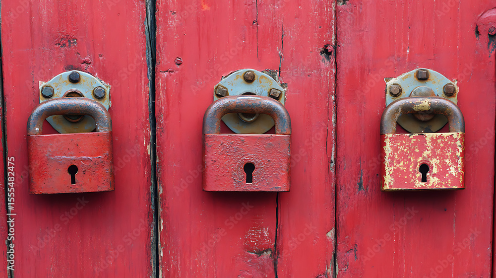 Poster a red lock is sitting on a wooden surface. the lock is open and the key is missing. concept of vulne