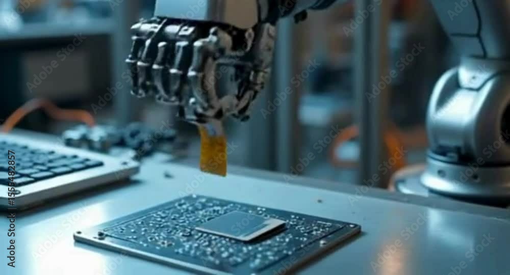 Poster Robotic Arm Assembling Electronic Components on a Circuit Board in a Factory