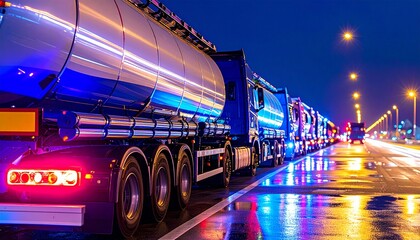 Nighttime Convoy of Tanker Trucks on Wet Highway