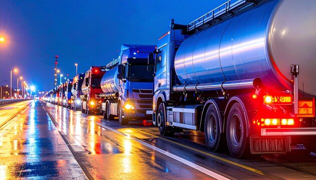 Nighttime Convoy of Tanker Trucks on Wet Highway - Powered by Adobe