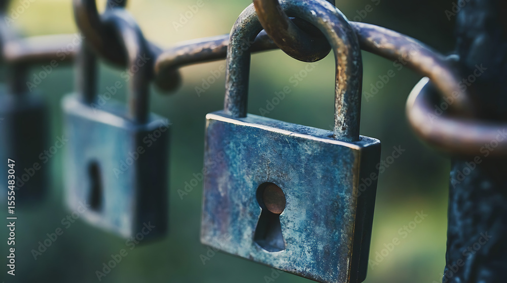Poster a red lock is sitting on a wooden surface. the lock is open and the key is missing. concept of vulne