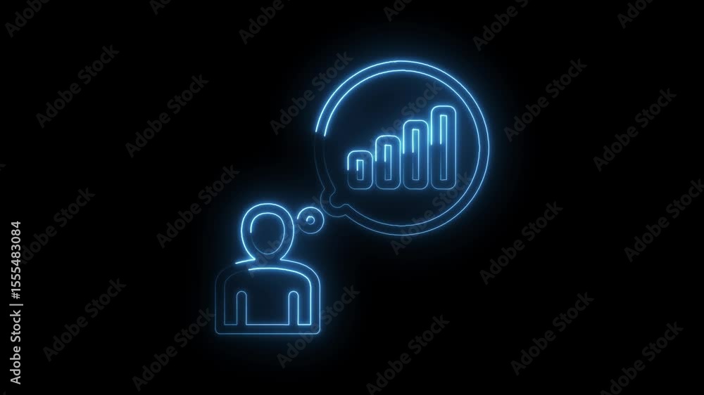 Poster blue neon user thinking about business growth chart on black background animated loop