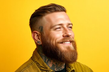 Visual idea layout of style for aging men. Elegant men's undercut haircut - midlife white man with hair. A modern and graceful man smiling naturally. Yellow solid background.