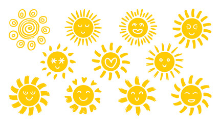 Collection of cute yellow sun doodles vector illustration for summer designs and creative projects vector art silhouette