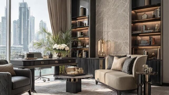 Sophisticated room with cityscape, desk, sofa, and bookshelves