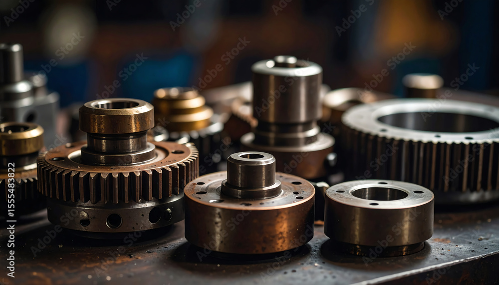Poster close-up of various metallic machine parts arranged on a workbench, showcasing intricate designs and