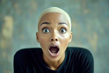 Short haircut - blond hair. Lovely very astonished black girl - for ads, poster and social platforms use. Commercial promotion idea. Modern commercial model. Urban model portrait ads.