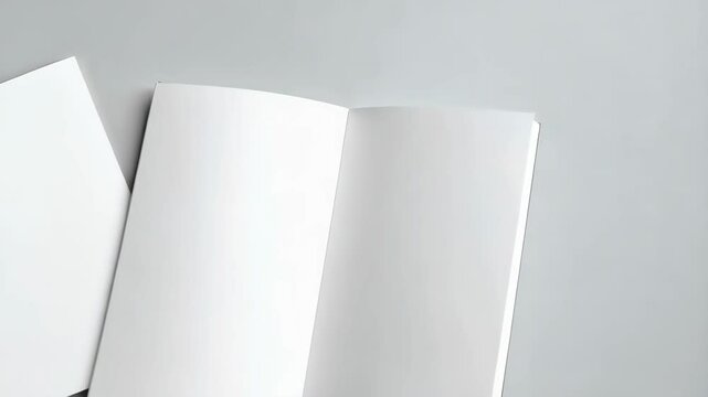 Two blank white brochures lying on a grey background, one folded closed and one open with inner pages visible, for mockups