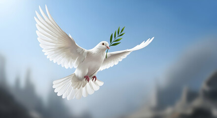 Obraz premium White dove in flight with olive branch