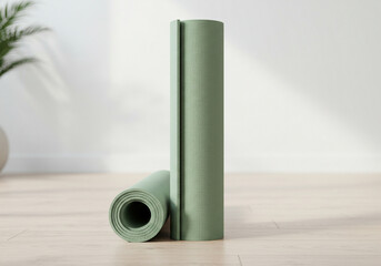 Sage Green Yoga Mat Rolled and Unrolled on Light Wood Floor