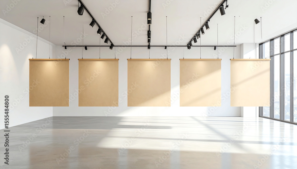 Poster a modern art gallery space featuring five empty canvas frames suspended from the ceiling, illuminate