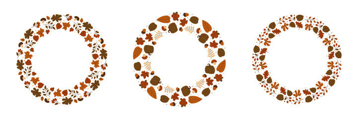 Fall foliage wreath illustrations set with pumpkins, leaves, berries, branches and more. Seasonal frame for autumnal nature design, invitations, web decor. Vector illustration