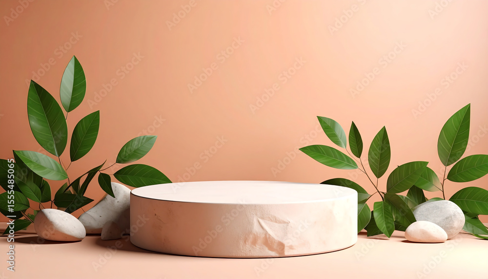 Poster a minimalist display featuring a circular platform surrounded by greenery and smooth stones against 