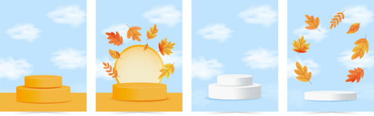 Collection of autumn themed vertical posters with white and orange 3D podiums and leaves swirling on blue sky background. Vector illustration