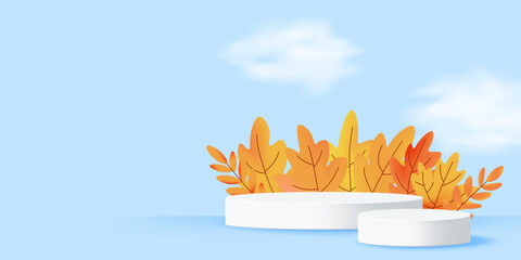 Autumn banner with white podiums surrounded by bright foliage and blue cloudy sky. Ideal for advertising seasonal products. Vector illustration