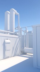 Monochrome industrial architecture under a blue sky